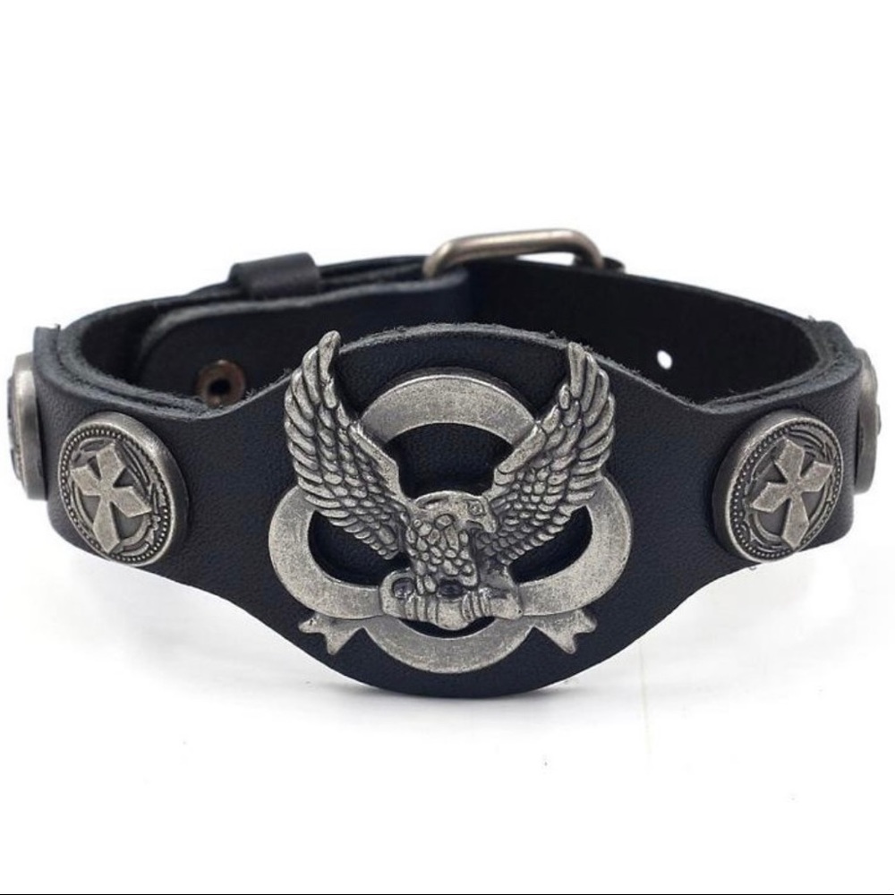 Silver Eagle 4 Cross Black Genuine Leather Adjustable Strap Bracelet!
